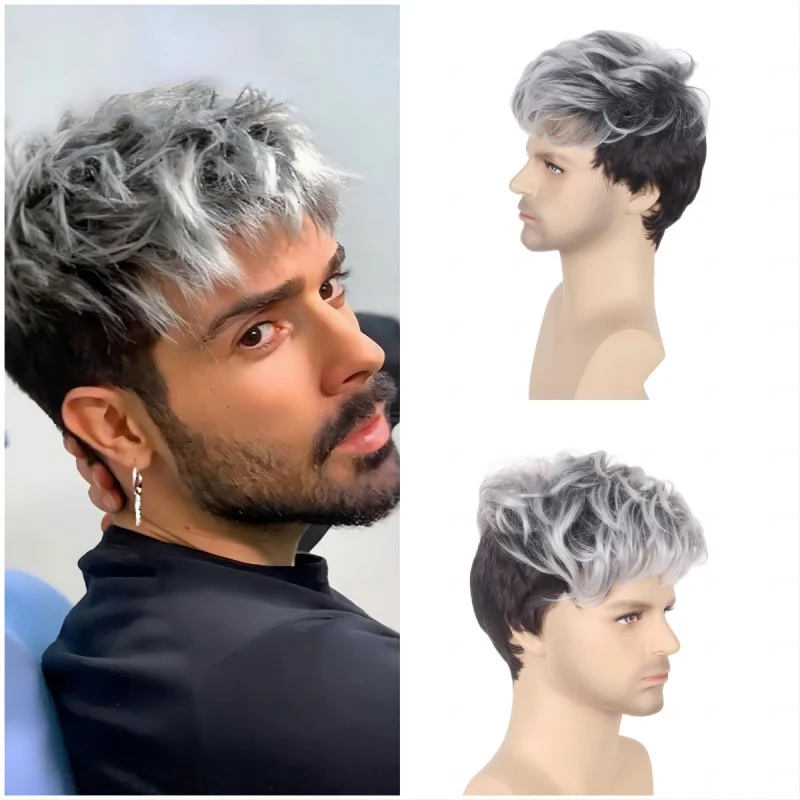 European and American men's short hair with a messy style, gray-white gradient, new fluffy wig
European and American men's short hair with a messy style, gray-white gradient, new fluffy wig