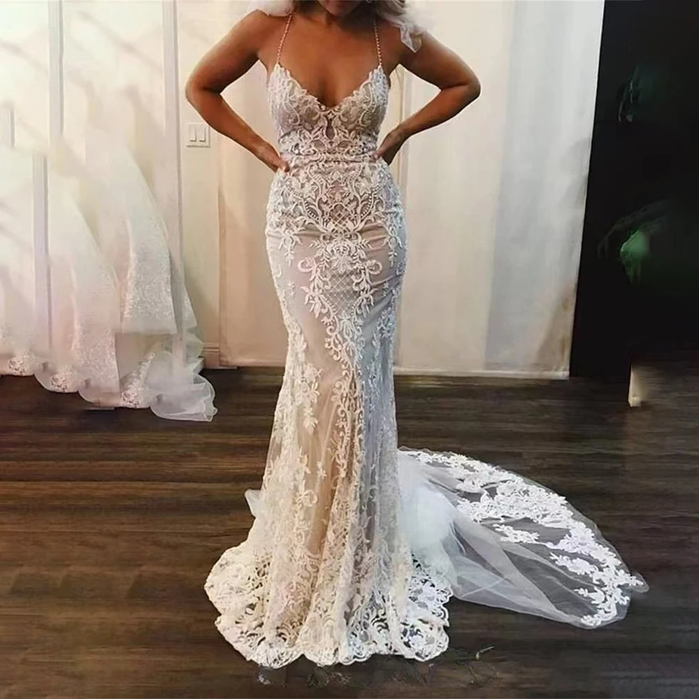 Elegant Wedding Dress Sleeveless Spaghetti Straps Mermaid Bride Gown Lace Applique Formal Wedding Gowns for Women Customized 
Elegant Wedding Dress Sleeveless Spaghetti Straps Mermaid Bride Gown Lace Applique Formal Wedding Gowns for Women Customized