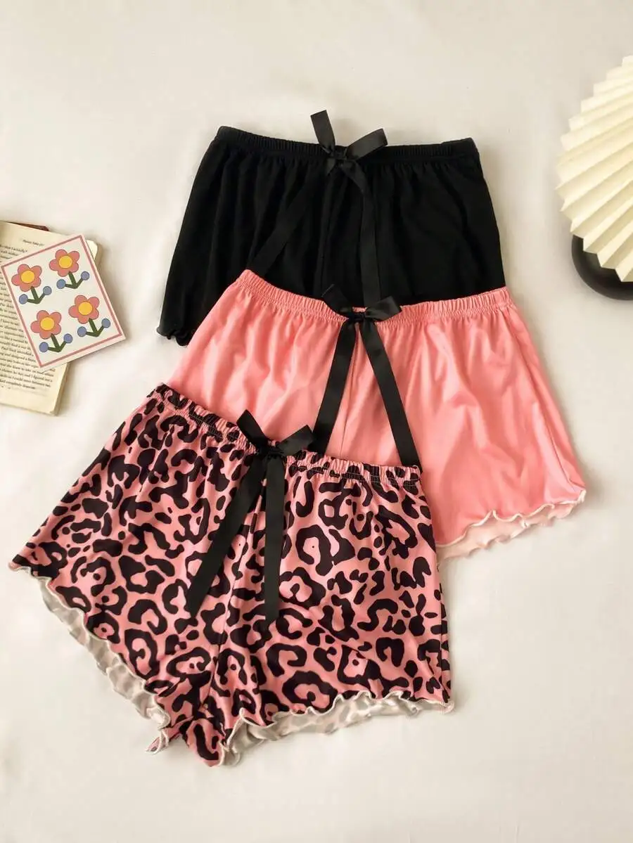 Womens Wide Leg Sleep Shorts With Ruffle Hem And Bow Detail Leopard Print Solid Pink Black
Womens Wide Leg Sleep Shorts With Ruffle Hem And Bow Detail Leopard Print Solid Pink Black