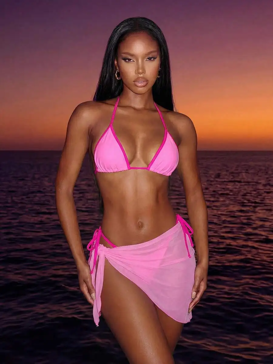 Vibrant Pink Triangle Bikini With Side-Tie High-Cut Bottoms And Sheer Wrap Skirt Three-Piece Swimwear Set
Vibrant Pink Triangle Bikini With Side-Tie High-Cut Bottoms And Sheer Wrap Skirt Three-Piece Swimwear Set