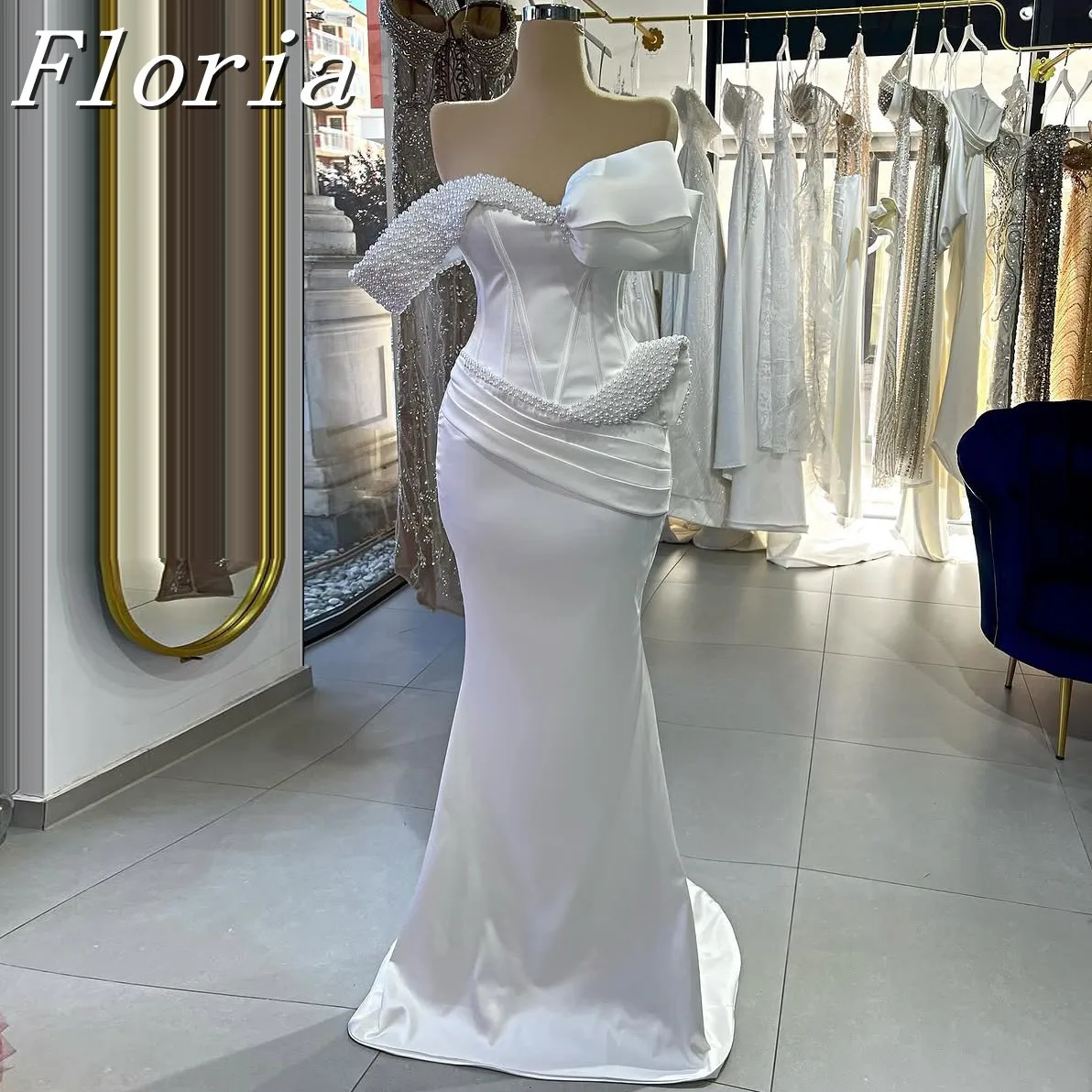 Satin Off The Shoulder Strapless Corset Mermaid Wedding Dress Simple Pearls Asymmetrical Sleeves Bridal Gowns Customized
Satin Off The Shoulder Strapless Corset Mermaid Wedding Dress Simple Pearls Asymmetrical Sleeves Bridal Gowns Customized
