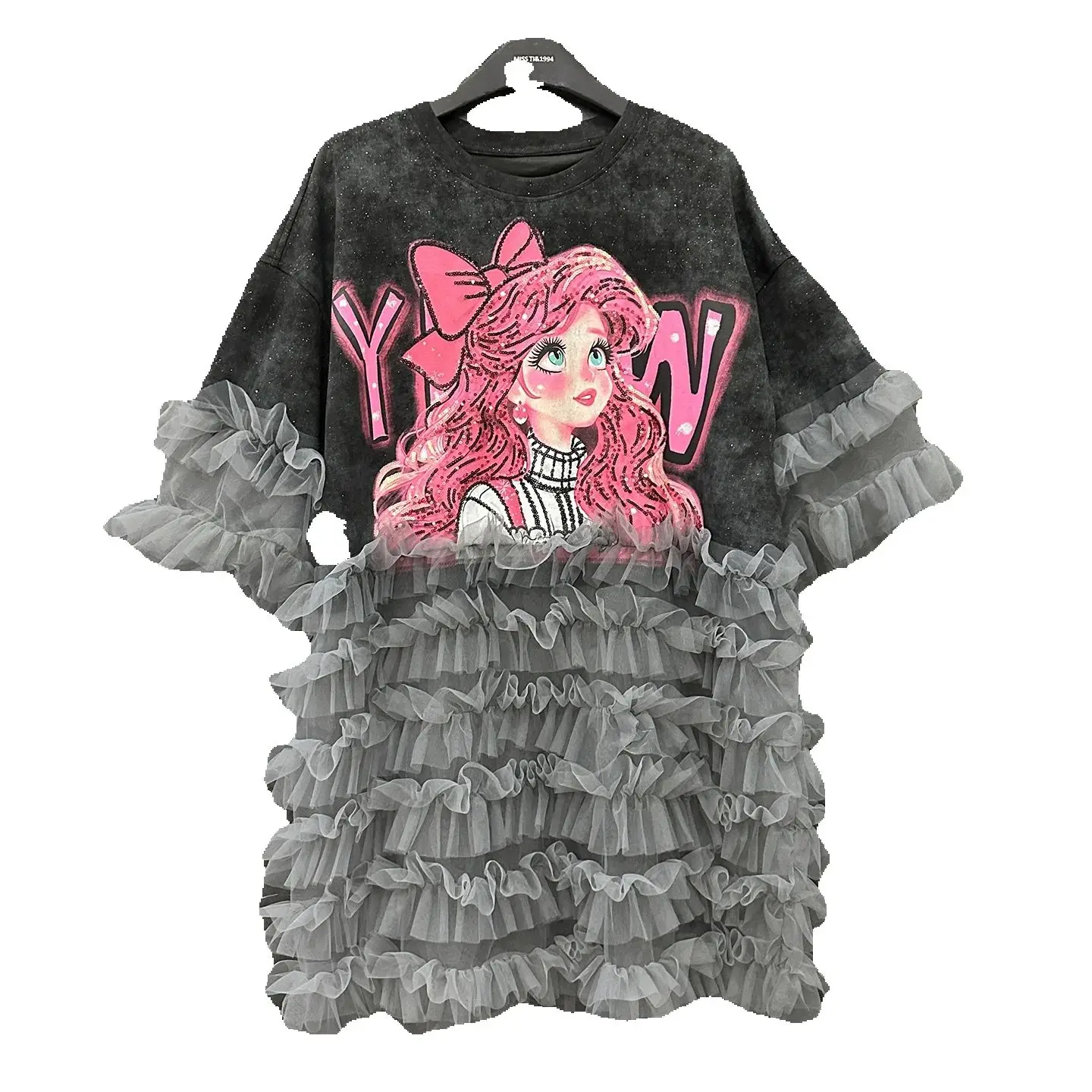 2025 New Summer Mid-long Fairy T-shirt Elegant Mesh Ruffles Sequins Cartoon Loose T-shirt Dress All-match Women Pullover Tops
2025 New Summer Mid-long Fairy T-shirt Elegant Mesh Ruffles Sequins Cartoon Loose T-shirt Dress All-match Women Pullover Tops
