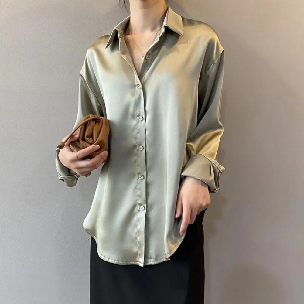 Women's Shirt Elegant Lapel Long Sleeve Shirt Smooth Satin Fabric Loose Solid Color Top
Women's Shirt Elegant Lapel Long Sleeve Shirt Smooth Satin Fabric Loose Solid Color Top