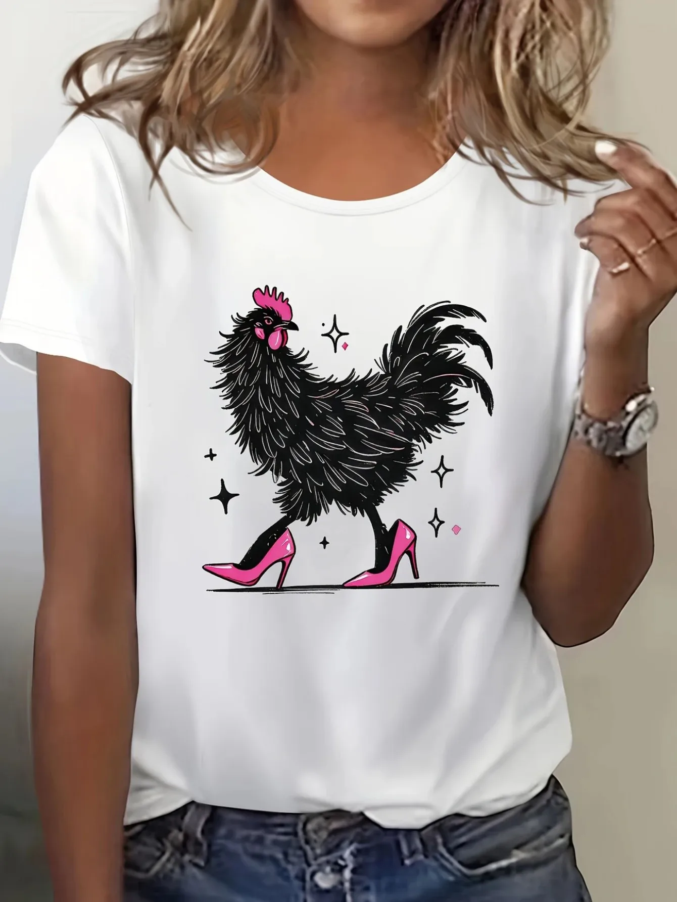 Women's Cartoon Rooster & Stars Graphic Print Cotton T-Shirt - Loose Fit Round Neck Short Sleeve, Breathable Casual Summer Top
Women's Cartoon Rooster & Stars Graphic Print Cotton T-Shirt - Loose Fit Round Neck Short Sleeve, Breathable Casual Summer Top