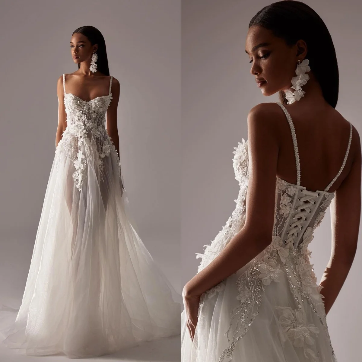 Elegant Wedding 3D-Floral Appliques Bridal Gowns Spaghetti Straps See Through Lace Up Bride Dresses Custom Made Plus Size
Elegant Wedding 3D-Floral Appliques Bridal Gowns Spaghetti Straps See Through Lace Up Bride Dresses Custom Made Plus Size