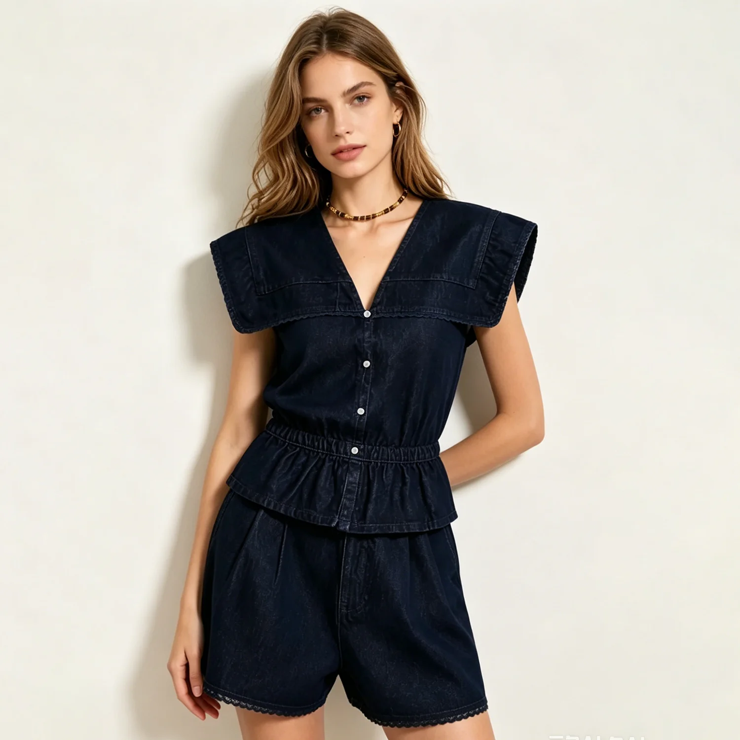 PUAL 2026 Women's Casual Denim Set-V-Neck Sleeveless Top+Lace Shorts,for any sence
PUAL 2026 Women's Casual Denim Set-V-Neck Sleeveless Top+Lace Shorts,for any sence