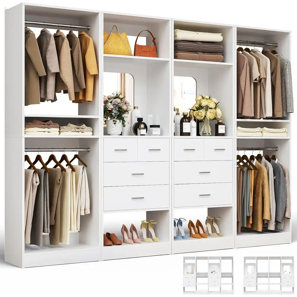 8.3ft Tall Wood Closet Organizer with Hanging Rods, Mirror, Shelves - Large Walk-in Wardrobe Garment Rack, Sturdy Tower, White
8.3ft Tall Wood Closet Organizer with Hanging Rods, Mirror, Shelves - Large Walk-in Wardrobe Garment Rack, Sturdy Tower, White