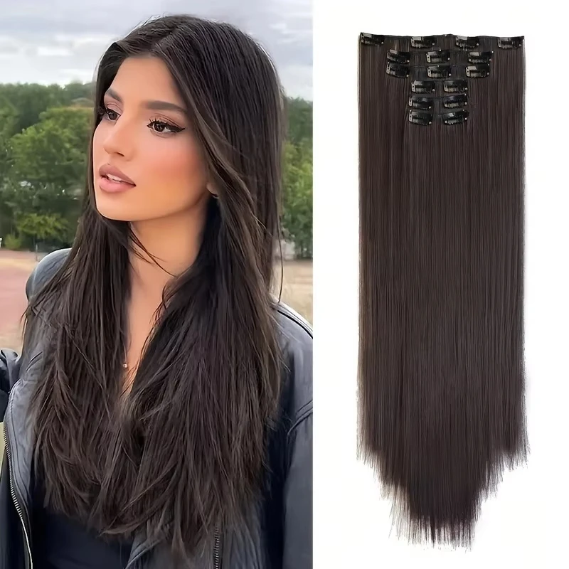 Набор из 7 накладных прядей для волос на заколках, подходящих для женщин - прямые синтетические волосы длиной 20 дюймов/50 см, общий объем 150 г.
Набор из 7 накладных прядей для волос на заколках, подходящих для женщин - прямые синтетические волосы длиной 20 дюймов/50 см, общий объем 150 г.