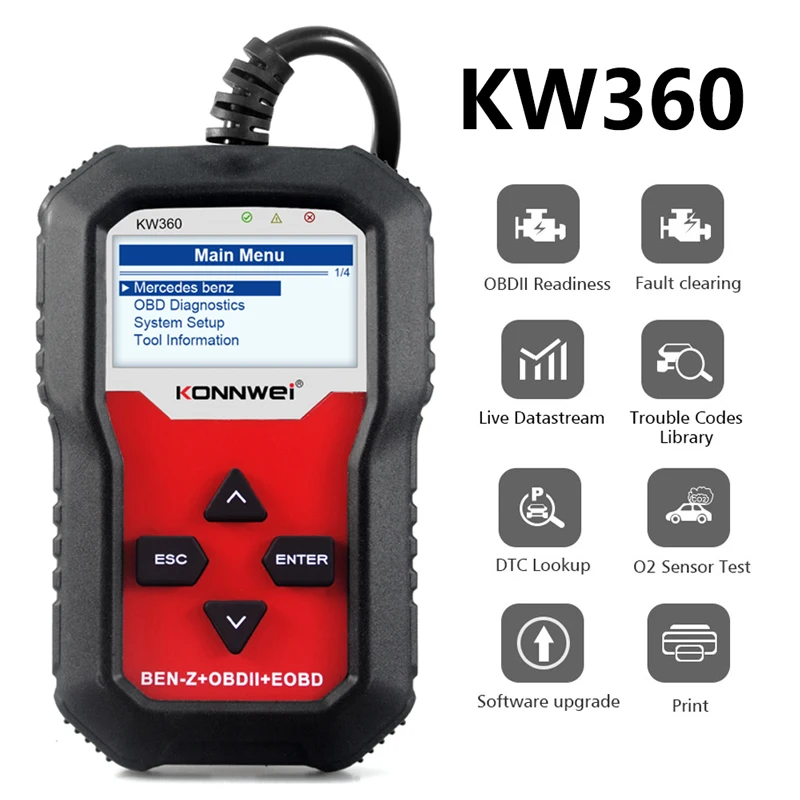 Сканер OBD2 KONNWEI KW360 Mercedes-Benz Полные системы Инструменты для диагностики автомобилей ABS Подушка безопасности Сброс масла OBD 2-считыватели кодов
Сканер OBD2 KONNWEI KW360 Mercedes-Benz Полные системы Инструменты для диагностики автомобилей ABS Подушка безопасности Сброс масла OBD 2-считыватели кодов