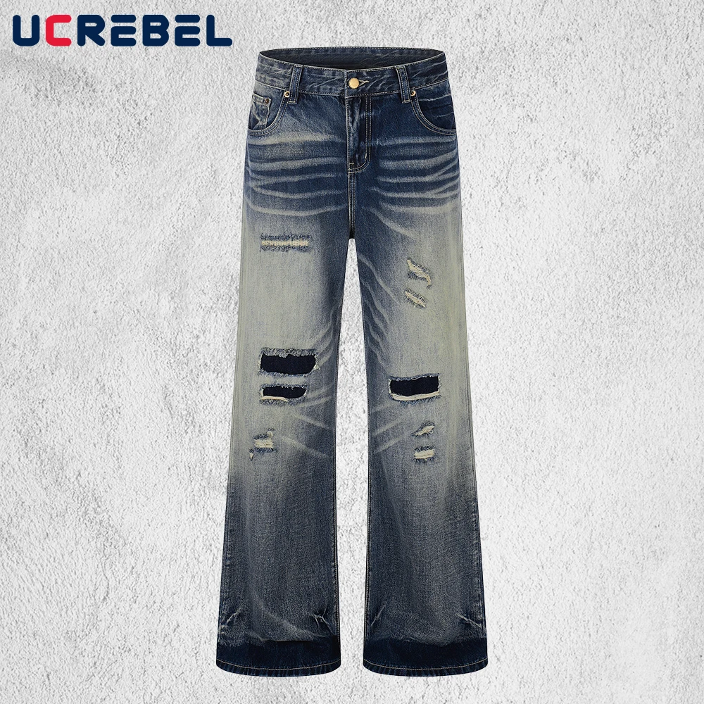 Ripped Hole Distressed Jeans Mens Whiskered Washed Straight-leg Denim Pants Man
Ripped Hole Distressed Jeans Mens Whiskered Washed Straight-leg Denim Pants Man