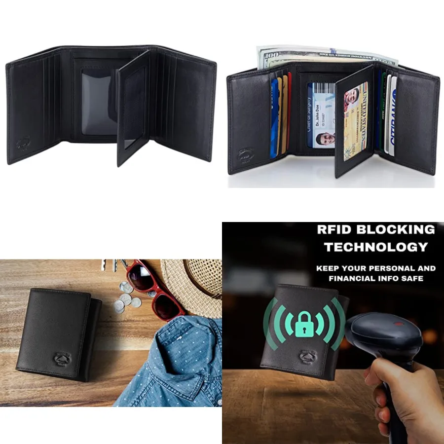 Trifold Wallet for Men RFID Blocking Genuine Napa Leather Extra Capacity Mens Wallet, 11 Card Slots, 3 ID Windows, Flip Out ID
Trifold Wallet for Men RFID Blocking Genuine Napa Leather Extra Capacity Mens Wallet, 11 Card Slots, 3 ID Windows, Flip Out ID
