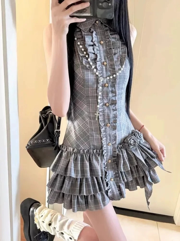 Women Plaid Ruffle Elegant Retro Dress Button Sleeveless Patchwork Sweet Slim Dresses Korean Fashion Chic Vintage Y2k Outfits
Women Plaid Ruffle Elegant Retro Dress Button Sleeveless Patchwork Sweet Slim Dresses Korean Fashion Chic Vintage Y2k Outfits
