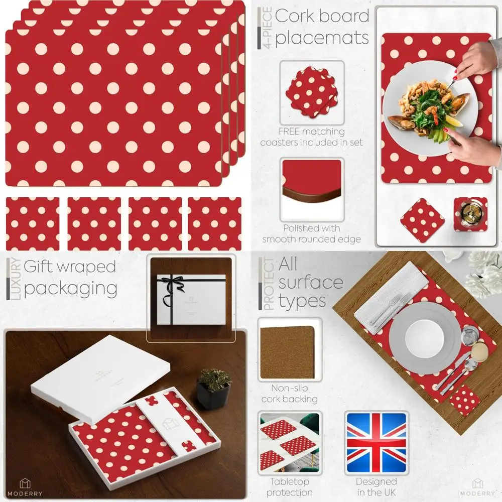 Heat Resistant Cork Placemats Set of 4 with Matching Drink Coasters - Cream & Red Polka Dot Design for Dining Tables
Heat Resistant Cork Placemats Set of 4 with Matching Drink Coasters - Cream & Red Polka Dot Design for Dining Tables