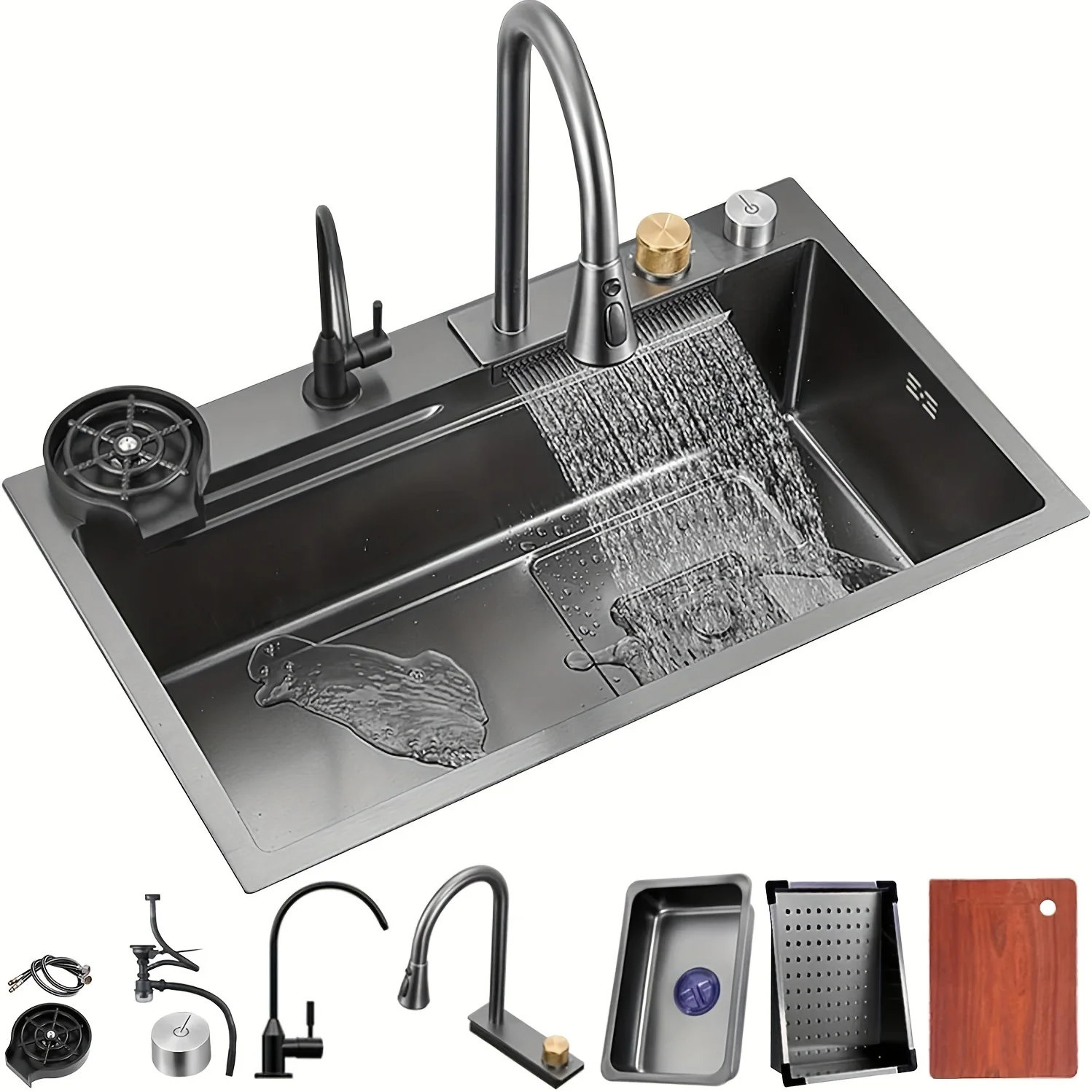 Stainless Steel Kitchen Sink with Nano Raindance Waterfall, Pull-Out Faucet, and Pressurized Cup Washer - Varnished, Single Basin Workstation for Home Use, Kitchen Sink
Stainless Steel Kitchen Sink with Nano Raindance Waterfall, Pull-Out Faucet, and Pressurized Cup Washer - Varnished, Single Basin Workstation for Home Use, Kitchen Sink