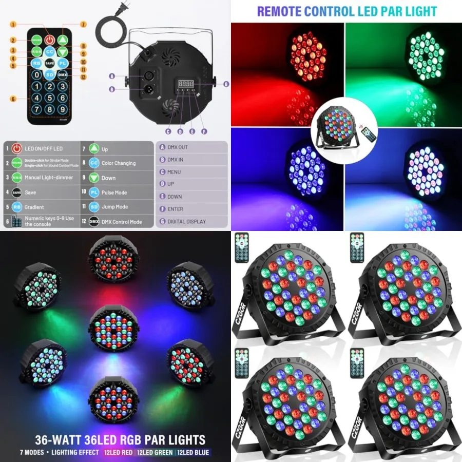 LED Stage Lights Pack - 36W RGB DJ Par Lights with Sound Activated Auto Play by Remote and DMX Control Uplights for Events Wedd
LED Stage Lights Pack - 36W RGB DJ Par Lights with Sound Activated Auto Play by Remote and DMX Control Uplights for Events Wedd