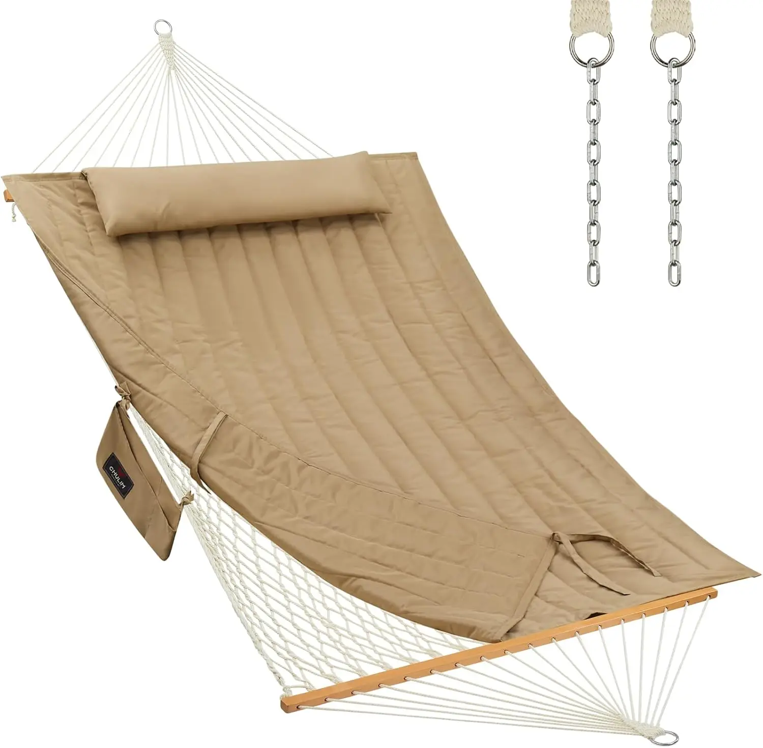 Outdoor Double Hammock with Hardwood Spreader Bars, Large Rope Hammock with Polyester Pad and Pillow
Outdoor Double Hammock with Hardwood Spreader Bars, Large Rope Hammock with Polyester Pad and Pillow