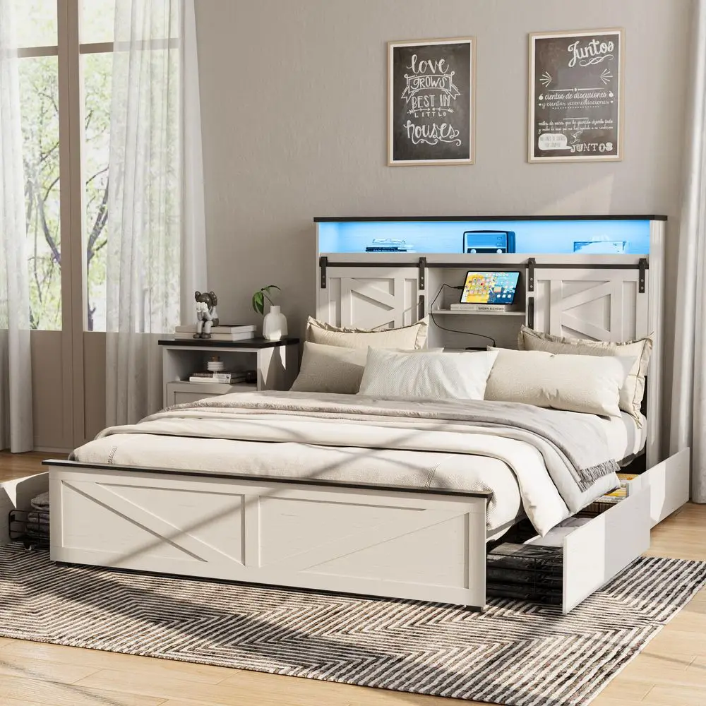 Farmhouse Full Size Bed Frame with 4 Drawers and Bookcase Headboard, Sliding Barn Door Storage Shelves, LED Lights and Charging
Farmhouse Full Size Bed Frame with 4 Drawers and Bookcase Headboard, Sliding Barn Door Storage Shelves, LED Lights and Charging