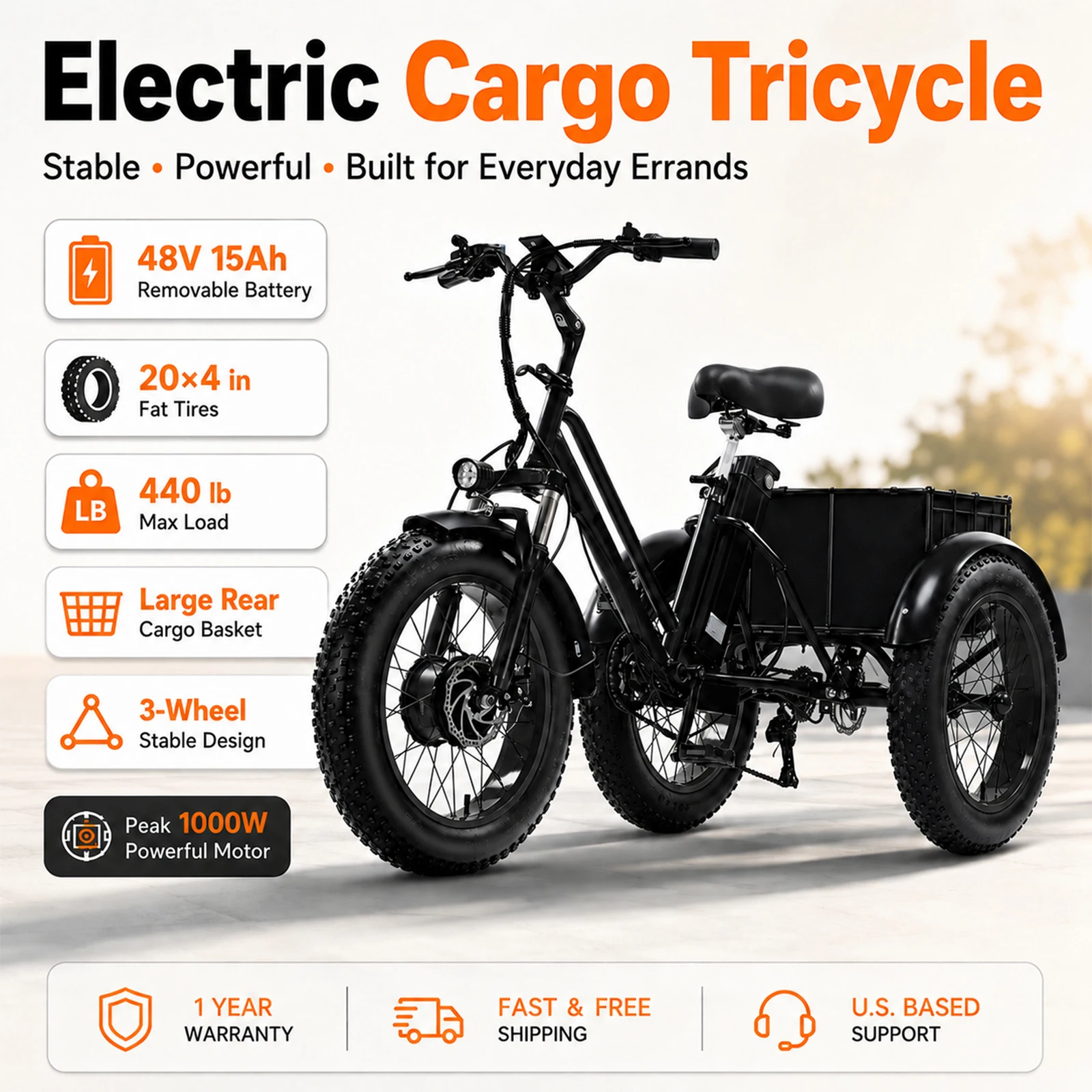Foldable Cargo Electric Tricycle | 1000W Peak Motor | 48V 15AH Removable Battery | 40‑Mile Range | 20" Fat Tire | 7‑Speed for Seniors & Commuters
Foldable Cargo Electric Tricycle | 1000W Peak Motor | 48V 15AH Removable Battery | 40‑Mile Range | 20" Fat Tire | 7‑Speed for Seniors & Commuters