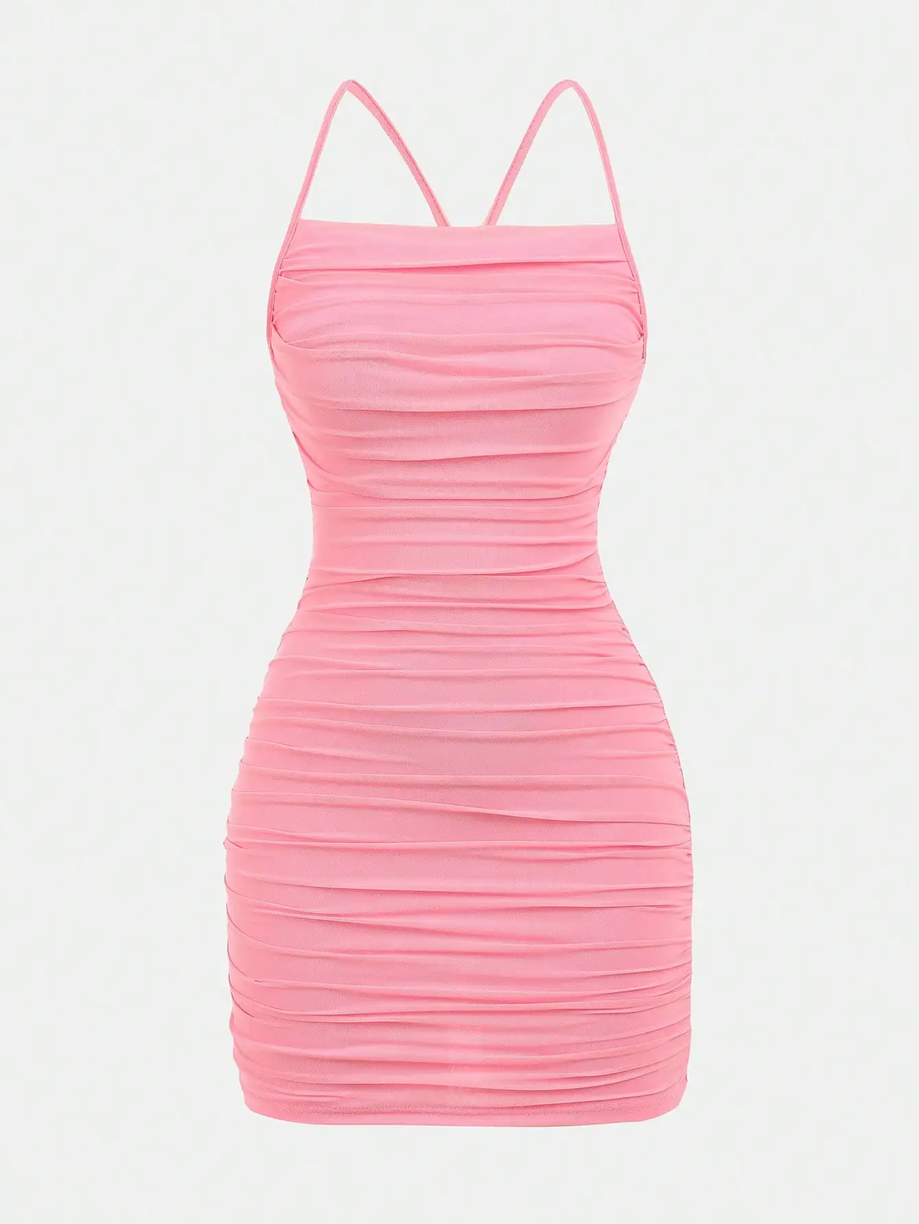 Pink Mesh Knit Ruched Spaghetti Strap Mini Dress For Summer Party Clubwear
Pink Mesh Knit Ruched Spaghetti Strap Mini Dress For Summer Party Clubwear