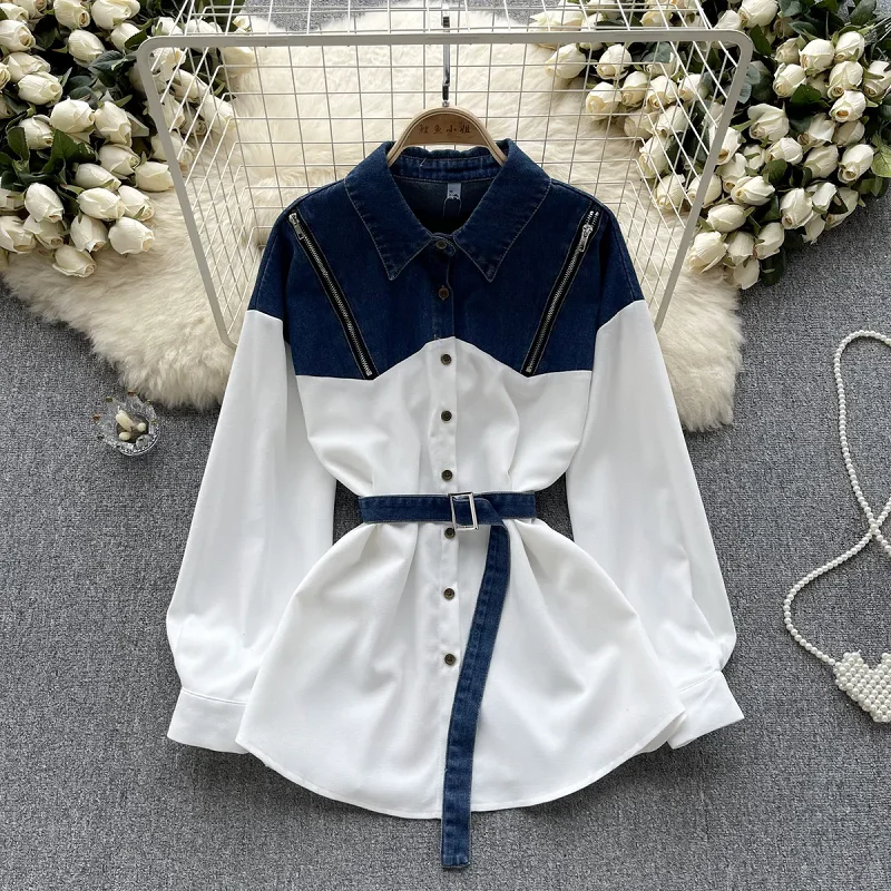 Spring Autumn New Casual Denim Color Contrast Patchwork Blouse Women Zipper Design Fashion Long Sleeve Shirt Female Tops T1036
Spring Autumn New Casual Denim Color Contrast Patchwork Blouse Women Zipper Design Fashion Long Sleeve Shirt Female Tops T1036