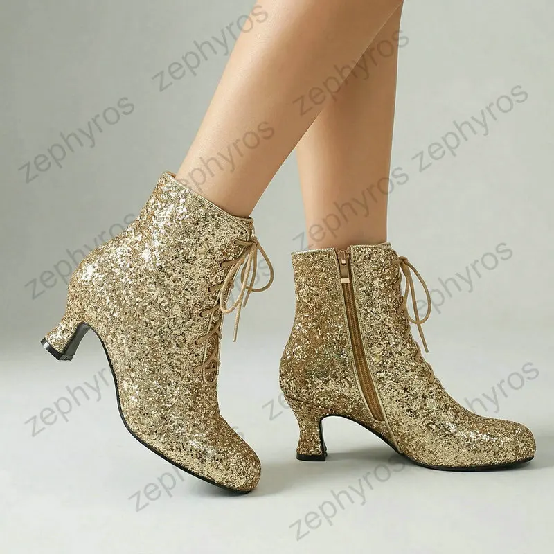 Glitter Ankle Boots for Women - Lace Up Mid Heel Round Toe Dress Booties Perfect for Party Wedding Evening Prom Platform Pumps
Glitter Ankle Boots for Women - Lace Up Mid Heel Round Toe Dress Booties Perfect for Party Wedding Evening Prom Platform Pumps
