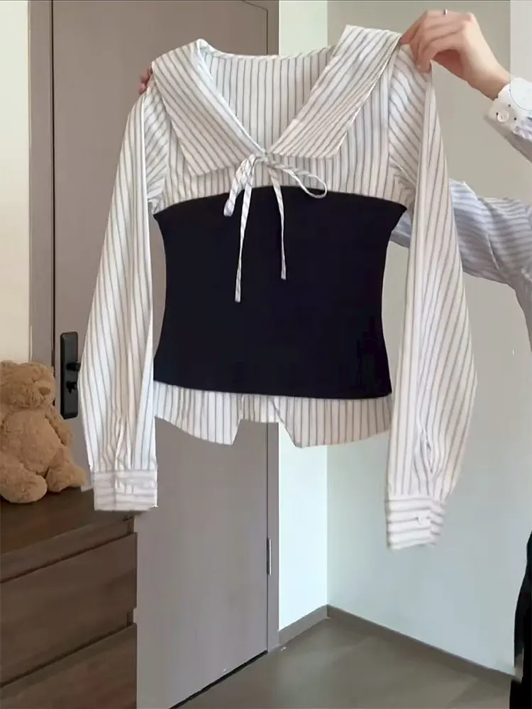 Sweet Sle Color Blo Stripe Long Sve irt Women's Slim Fit Waist Cinching Knot Small Size Top Spring Autumn
Sweet Sle Color Blo Stripe Long Sve irt Women's Slim Fit Waist Cinching Knot Small Size Top Spring Autumn