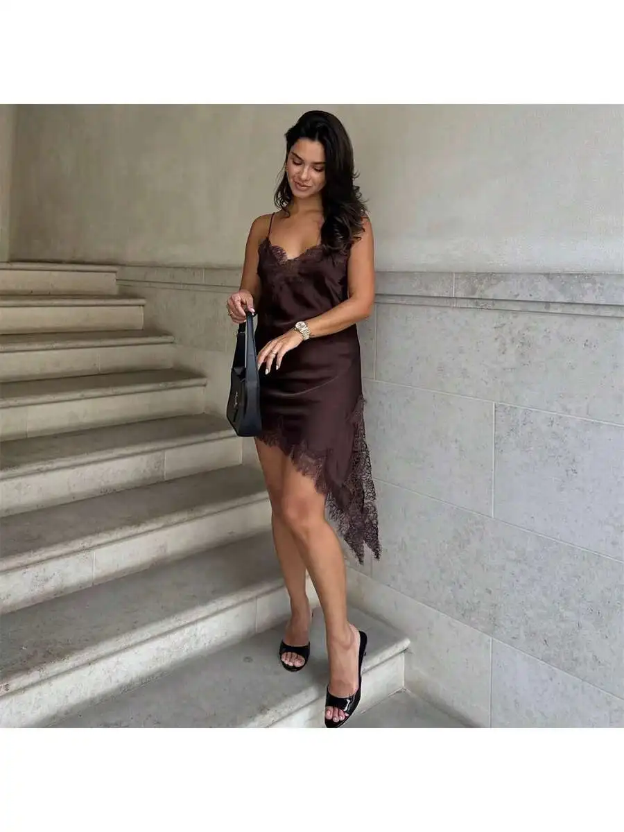 Women Silk Satin Lace Trim Cami Mini Dress Asymmetrical High Low Slip Dress
Women Silk Satin Lace Trim Cami Mini Dress Asymmetrical High Low Slip Dress