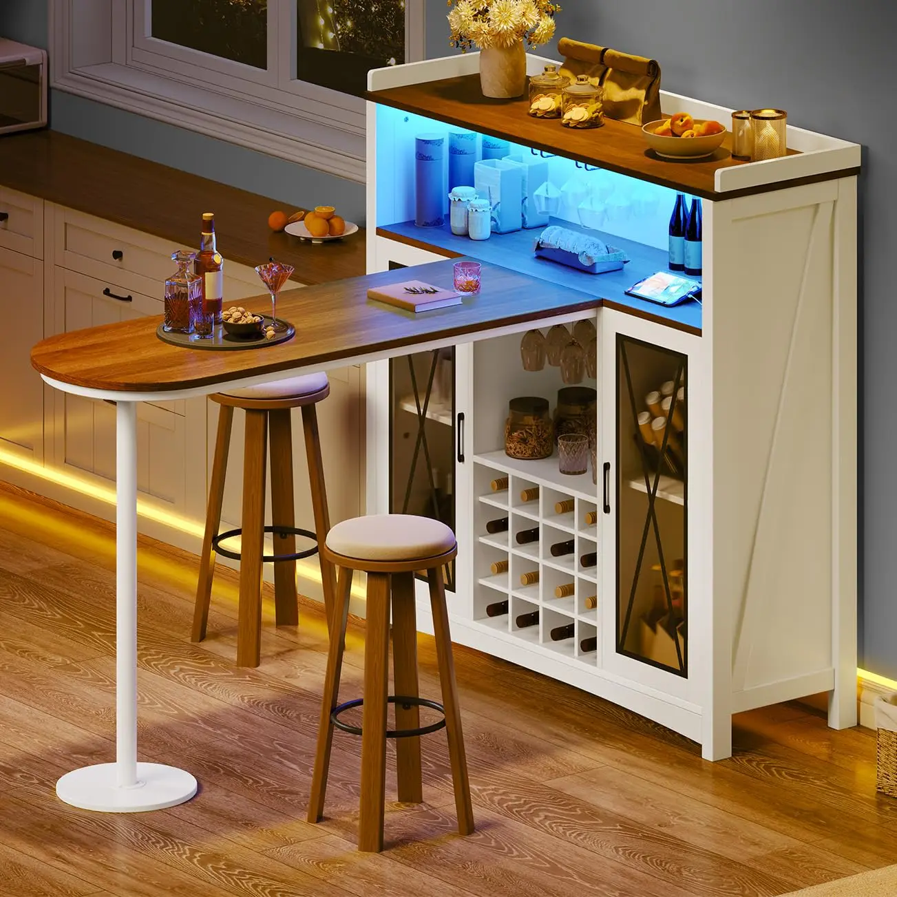 Farmhouse-Style Home Bar Cabinet With LED Lighting, Wine Rack, Glass Holder, And Extendable Counter In White And Walnut Finish
Farmhouse-Style Home Bar Cabinet With LED Lighting, Wine Rack, Glass Holder, And Extendable Counter In White And Walnut Finish