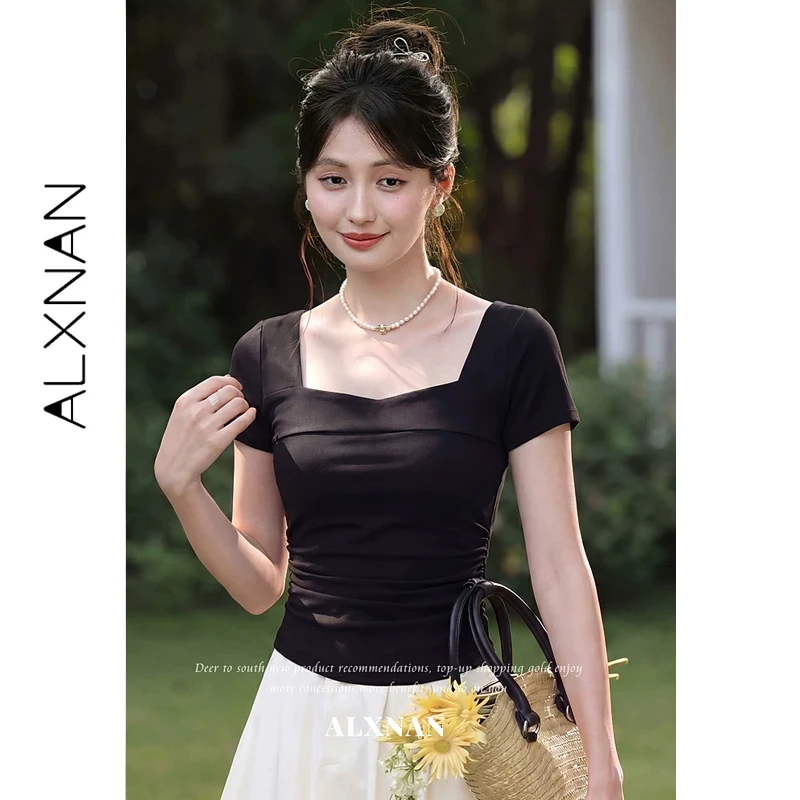 ALXNAN Women's T-shirt Square Neck Black Ruched Short Sleeve Slim Fit Summer Tops 2026 Elegant Ladies Casual Tee Ladies L657105A
ALXNAN Women's T-shirt Square Neck Black Ruched Short Sleeve Slim Fit Summer Tops 2026 Elegant Ladies Casual Tee Ladies L657105A