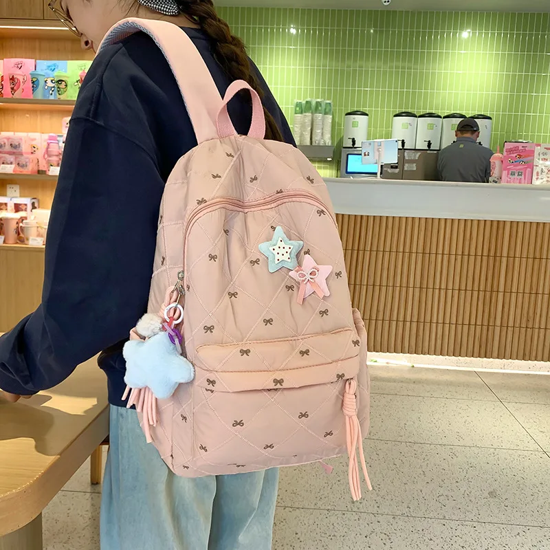 Women Cute Quilted Bow Backpack Pink Casual School Bag With Star Decor & Plush Pendant For Students
Women Cute Quilted Bow Backpack Pink Casual School Bag With Star Decor & Plush Pendant For Students