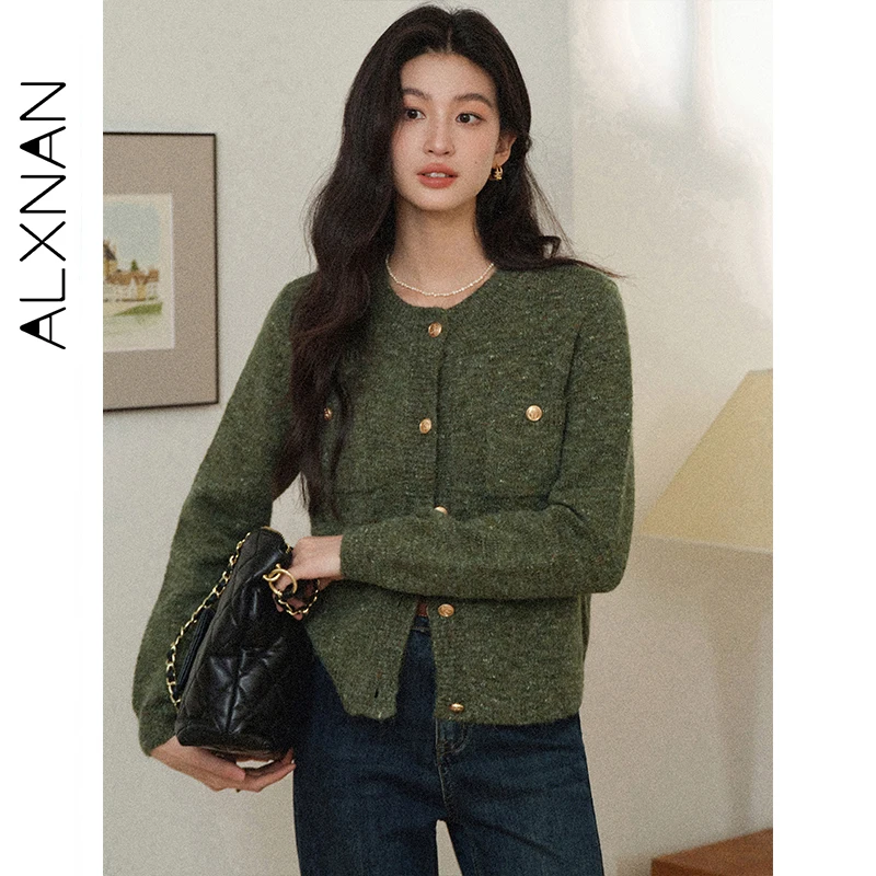 ALXNAN Green Knitted Cardigan Women Autumn Loose-fit Metal Button Wool Sweater Round Neck Ladies Knitwear with Pockets L578126
ALXNAN Green Knitted Cardigan Women Autumn Loose-fit Metal Button Wool Sweater Round Neck Ladies Knitwear with Pockets L578126