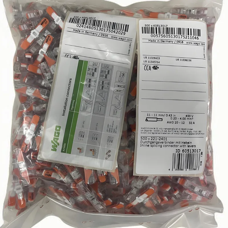 500PCS per bag European style 221-2401 WAGO 2-hole Straight-t quick terminal with lever Compact wire connector 4MM² Transparent
500PCS per bag European style 221-2401 WAGO 2-hole Straight-t quick terminal with lever Compact wire connector 4MM² Transparent