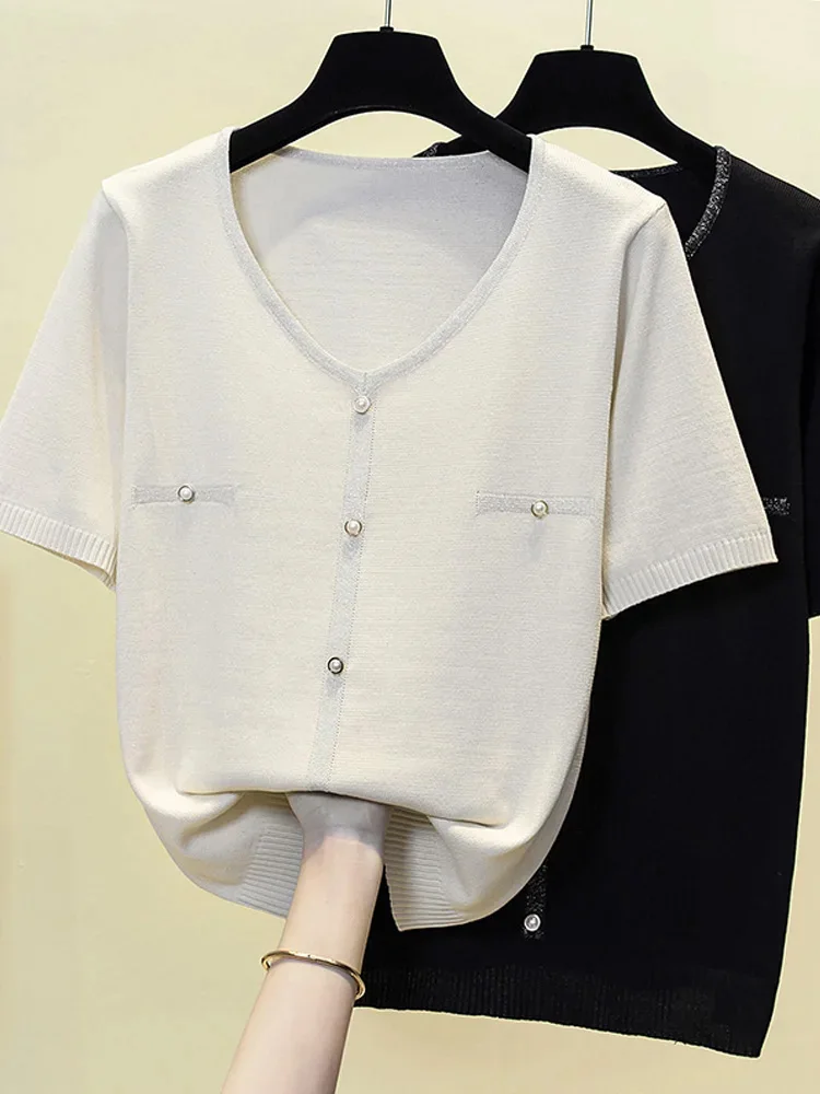 4XL Plus Large Size Women Shiny Button Knitting Sweater Pullover 2025 Short Sleeve V Neck Loose Casual Ice Silk Sweaters Mujer
4XL Plus Large Size Women Shiny Button Knitting Sweater Pullover 2025 Short Sleeve V Neck Loose Casual Ice Silk Sweaters Mujer