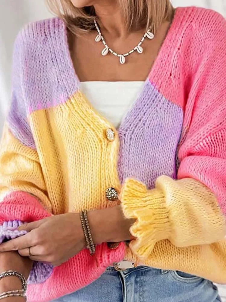 Casual V-neck Button Loose Sweater Jacket Elegant Color Blocked Knitted Cardigan 2025 New Autumn Long Sleeve Women Sweater Sweet
Casual V-neck Button Loose Sweater Jacket Elegant Color Blocked Knitted Cardigan 2025 New Autumn Long Sleeve Women Sweater Sweet