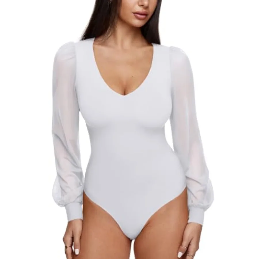 REORIA Womens Mesh Long Sleeve Bodysuit Double Lined V Neck Slimming Body Suits Sexy Cute Going Out Tops Shirts Fall Outfits
REORIA Womens Mesh Long Sleeve Bodysuit Double Lined V Neck Slimming Body Suits Sexy Cute Going Out Tops Shirts Fall Outfits