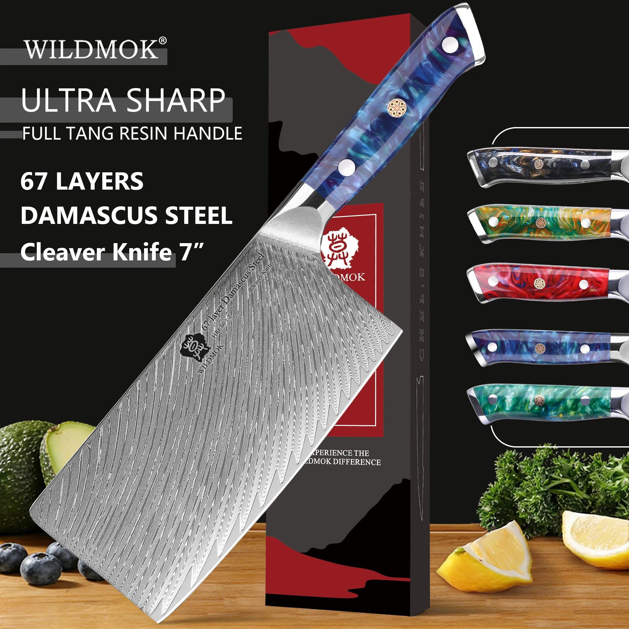 WILDMOK High Quality 67 Layer Damascus VG10 Steel Core Blade -7 Inch Cleaver Knife with Resin Handle
WILDMOK High Quality 67 Layer Damascus VG10 Steel Core Blade -7 Inch Cleaver Knife with Resin Handle