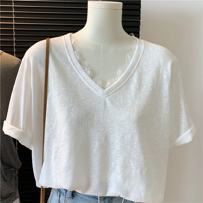 Женские кружевные футболки с v-образным вырезом в стиле Pure Desire, летние однотонные футболки с короткими рукавами, повседневные свободные женские тонкие топы больших размеров
Женские кружевные футболки с v-образным вырезом в стиле Pure Desire, летние однотонные футболки с короткими рукавами, повседневные свободные женские тонкие топы больших размеров