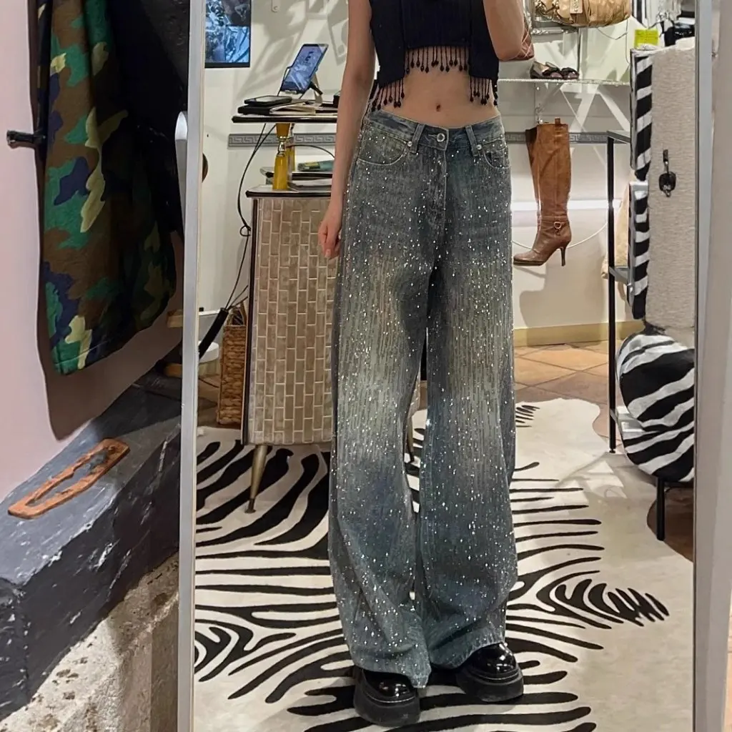 Женские джинсы в стиле ретро в американском стиле со звездным небом и стразами в стиле пэчворк, блестящие брюки длиной до пола, дизайн для девочек 
Женские джинсы в стиле ретро в американском стиле со звездным небом и стразами в стиле пэчворк, блестящие брюки длиной до пола, дизайн для девочек