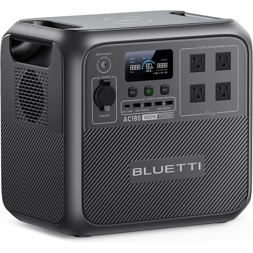 Portable Power Station AC180, 1152Wh LiePO4 Battery Backup w/ 2 1800W (2700W peak) AC Outlets, 0-80% in 45Min, r Generator or Ca
Portable Power Station AC180, 1152Wh LiePO4 Battery Backup w/ 2 1800W (2700W peak) AC Outlets, 0-80% in 45Min, r Generator or Ca