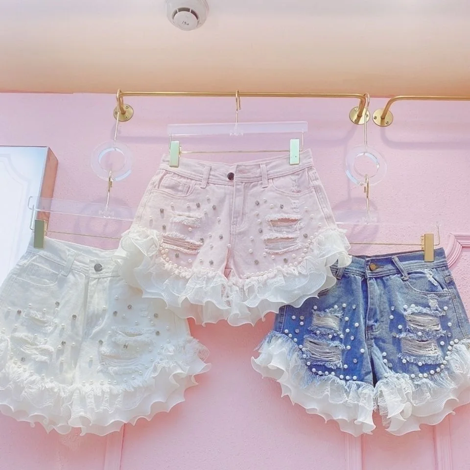 American Rhinestone Beading Ripped Denim Shorts Summer New Casual Fashion Luxurious Design Women's Lace Ruffle Hot Jeans
American Rhinestone Beading Ripped Denim Shorts Summer New Casual Fashion Luxurious Design Women's Lace Ruffle Hot Jeans