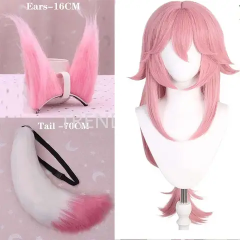 Yae Miko Plush Tail Ear Wig Pink Fox Handmade Cosplay Props Pink Fox Ears Tail Wig