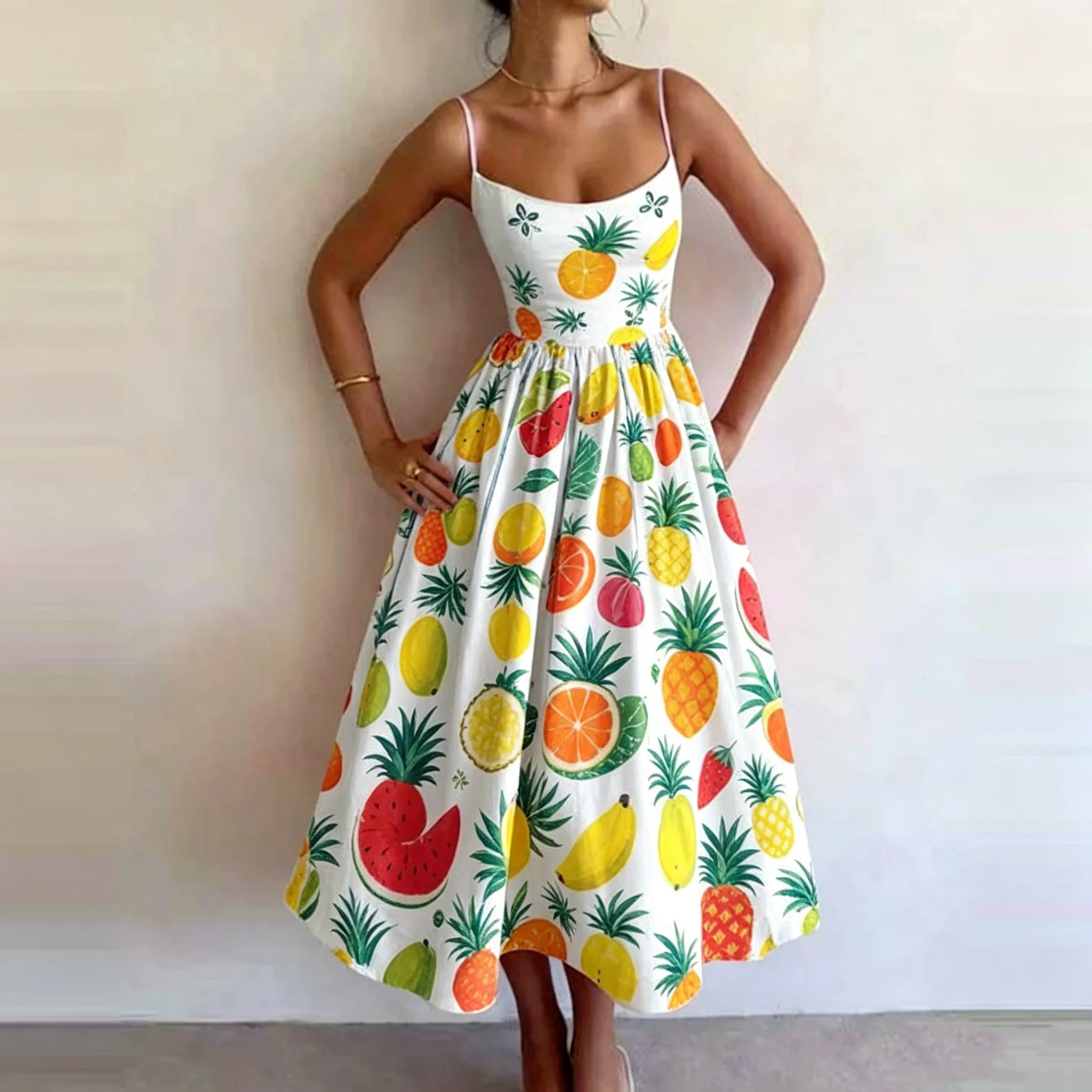 Women's Summer Tropical Fruit Print Spaghetti Strap Midi Dress A-Line High Waist Casual Elegant Beach Vacation Party Sundress
Women's Summer Tropical Fruit Print Spaghetti Strap Midi Dress A-Line High Waist Casual Elegant Beach Vacation Party Sundress