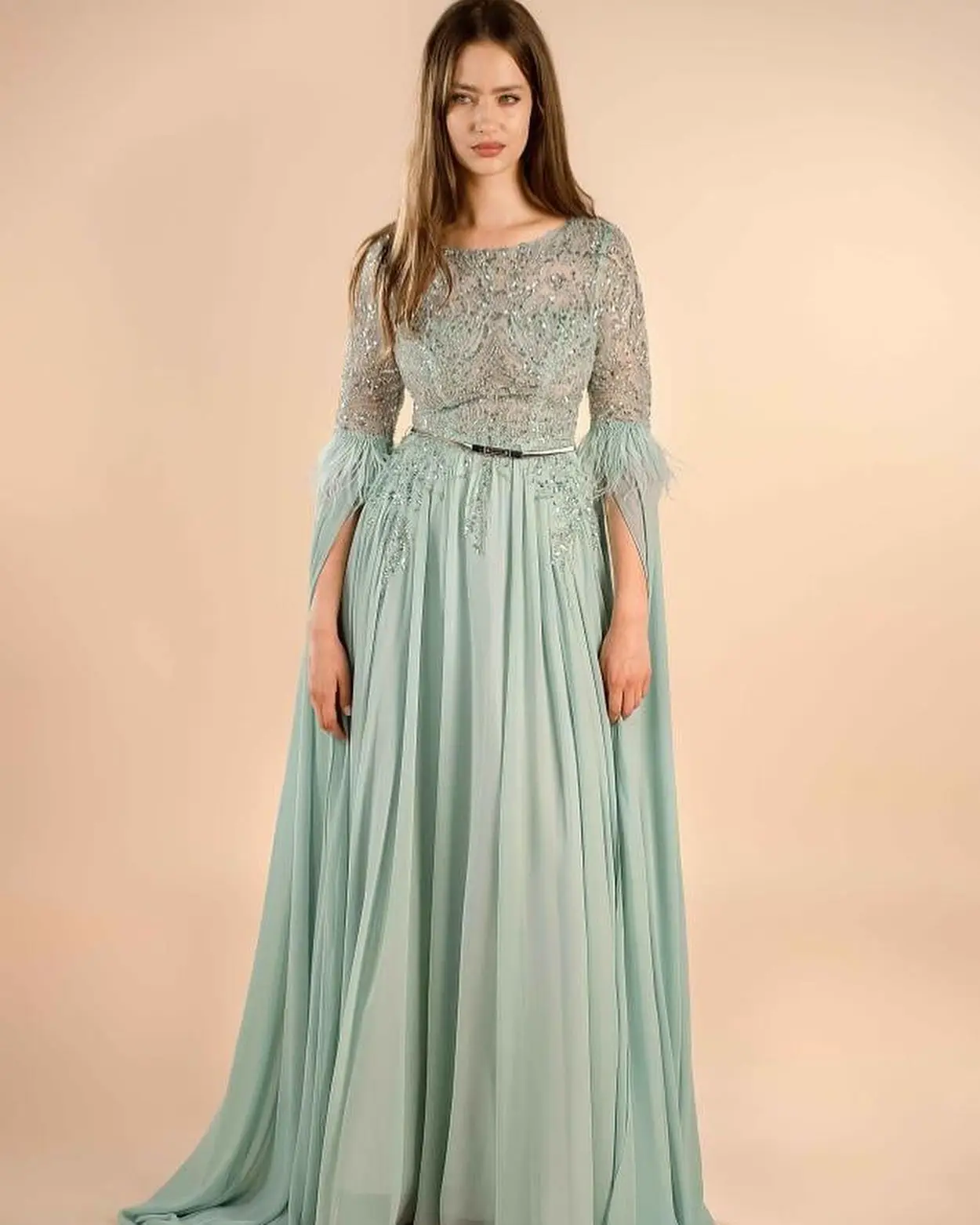 Elegant Party Dresses Woman Straight Pleats Long Sleeves Floor Length Sweep Train Appliques Crystal Beading Feathers Exquisite
Elegant Party Dresses Woman Straight Pleats Long Sleeves Floor Length Sweep Train Appliques Crystal Beading Feathers Exquisite