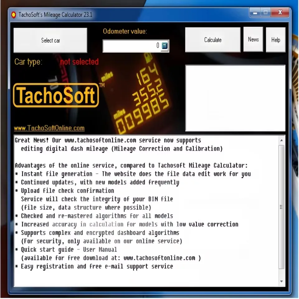 Último software de calculadora de kilometraje TachoSoft 2025 software de corrección de kilometraje 23,1 versión completa cSC
Último software de calculadora de kilometraje TachoSoft 2025 software de corrección de kilometraje 23,1 versión completa cSC