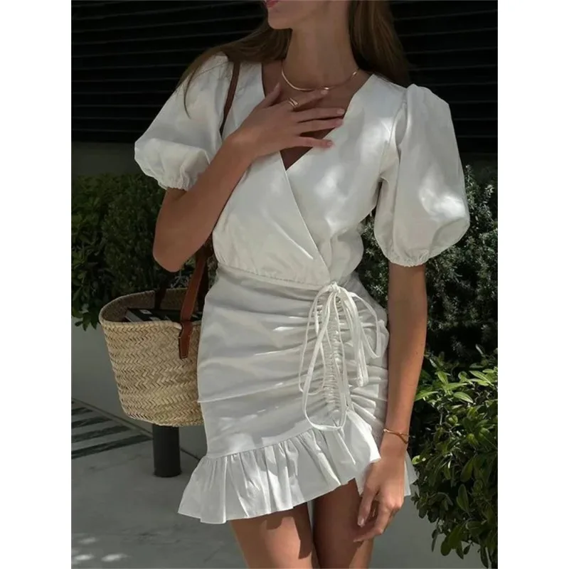 Drawstring V-Neck Sexy Mini Dress Female Ruffled Short Sleeve Patchwork Lace-Up White Dress Women's Bandage Party Dress
Drawstring V-Neck Sexy Mini Dress Female Ruffled Short Sleeve Patchwork Lace-Up White Dress Women's Bandage Party Dress