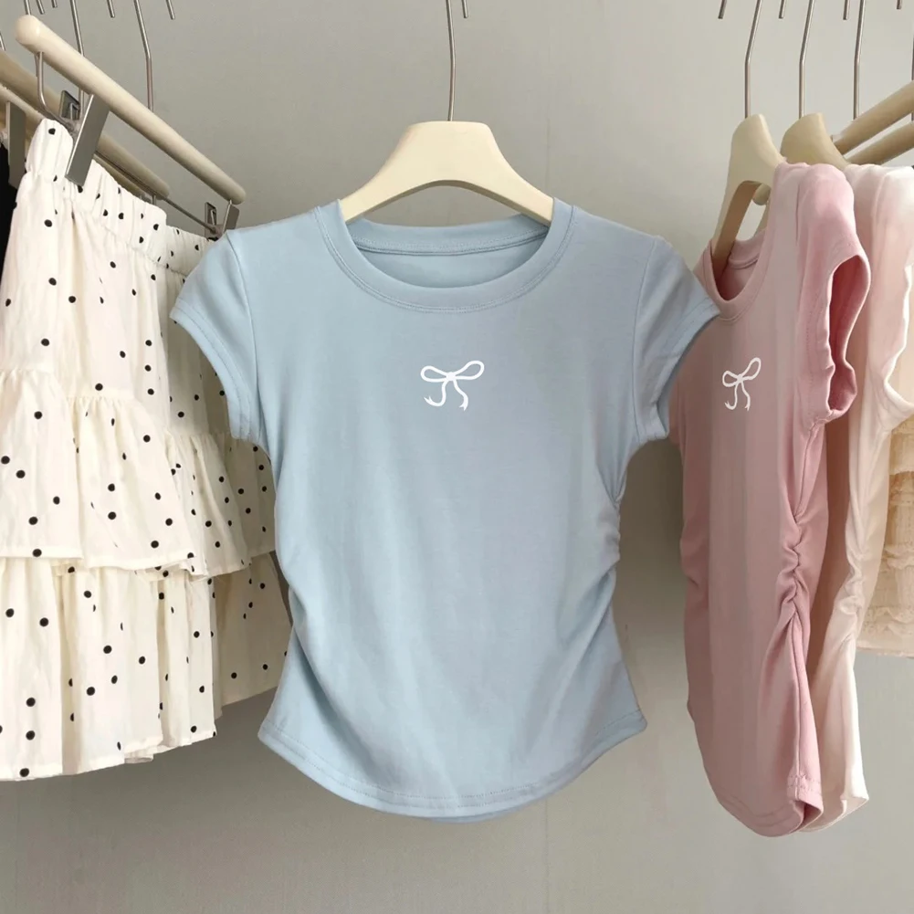 Pleated Bow Short Sleeves Top Harajuku Casual Short Sleeve Pleated Bow Top Round Neckline Slight Stretch Daily Casual
Pleated Bow Short Sleeves Top Harajuku Casual Short Sleeve Pleated Bow Top Round Neckline Slight Stretch Daily Casual