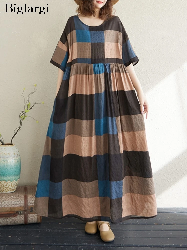 Oversized Plaid Print Summer Dress Women Ruffle Pleated Loose Fashion Ladies Dresses Casual Woman A-Line Long Dress
Oversized Plaid Print Summer Dress Women Ruffle Pleated Loose Fashion Ladies Dresses Casual Woman A-Line Long Dress