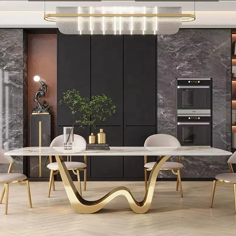 Modern Home Dining Table with Gold Stainless Steel Base Ceramic Top Rectangular Design for Luxury Home Hotel or Apartment Use
Modern Home Dining Table with Gold Stainless Steel Base Ceramic Top Rectangular Design for Luxury Home Hotel or Apartment Use