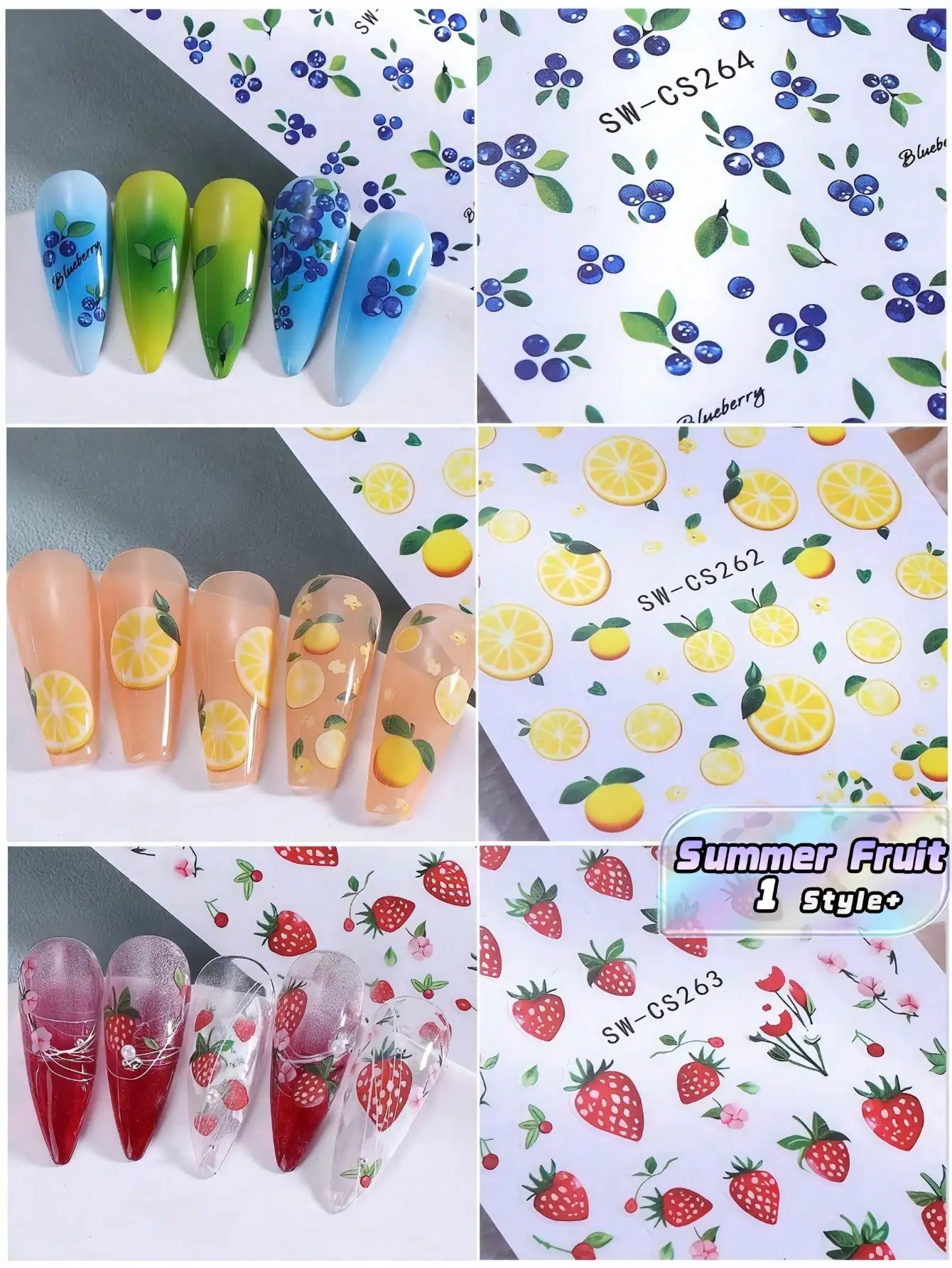 7PCS Funky Fruit Summer Nail Stickers Playful Colorful Designs Blueberry Orange Lemon Banana Watermelon Strawberry Avocado Nail Art Decals DIY Self Adhesive Manicure Nail Supplies
7PCS Funky Fruit Summer Nail Stickers Playful Colorful Designs Blueberry Orange Lemon Banana Watermelon Strawberry Avocado Nail Art Decals DIY Self Adhesive Manicure Nail Supplies