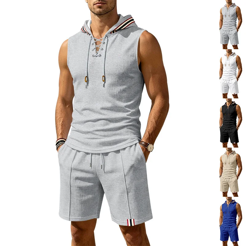 Men Waffle Knit Lace Up Hooded Sleeveless Tank Drawstring Shorts 2 Piece Summer Tracksuit
Men Waffle Knit Lace Up Hooded Sleeveless Tank Drawstring Shorts 2 Piece Summer Tracksuit